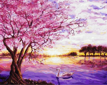 Картина для рисования по номерам на подрамнике. Лебеди и розовое дерево ВанГогВоМне, 3