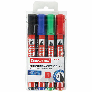 Маркеры перманентные ultra marker, набор 4 цвета, круглый наконечник 3, 5мм Brauberg