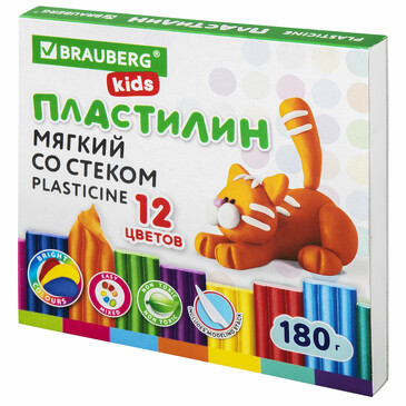 Пластилин мягкий восковой kids, 12 цв., 180 г Brauberg