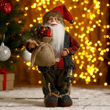 Дед Мороз в клетчатой шубке с фонариком и мешком, 30 см Зимнее волшебство