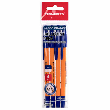 Ручки шар m-500 4 шт корп.оранж., 0,35мм, синяя Brauberg