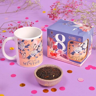 Подарочный набор 8 марта (чай чёрный ваниль и карамель 50 г., кружка, 300 мл) Фабрика счастья