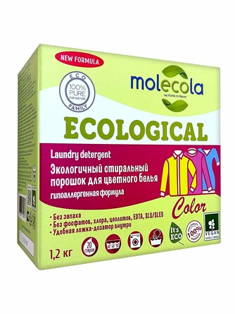 Стиральный порошок для цветного белья с растительными энзимами, экологичный, 1,2 кг, Molecola