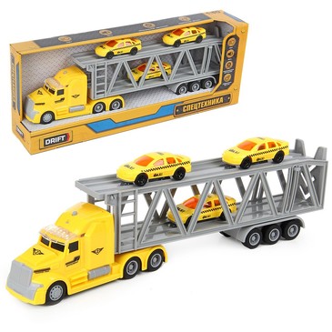 Грузовик-автовоз с набором легковых машин Yellow Transport Truck, 1:50 Drift