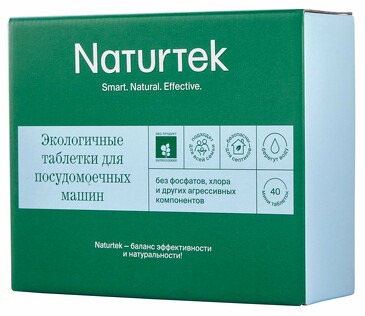 Экологичные таблетки для посудомоечной машины, без аромата, 40 шт по 10 г Naturtek