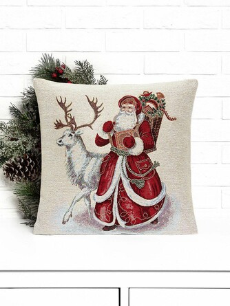 Наволочка декоративная 45х45 Дед Мороз и белый олень серебрянный люрекс  Le Gobelin