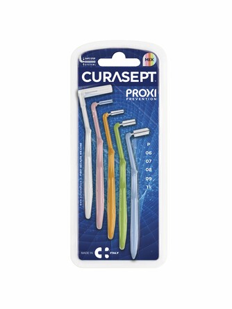 Ёршики межзубные угловые Proxi Angle, размеры: ISO 0 - 0,6 мм, ISO 1 - 0,7 мм, ISO 1 - 0,8 мм,  IS0 2 - 0,9 мм, ISO 3 - 1,1 мм (5 шт.) Curasept