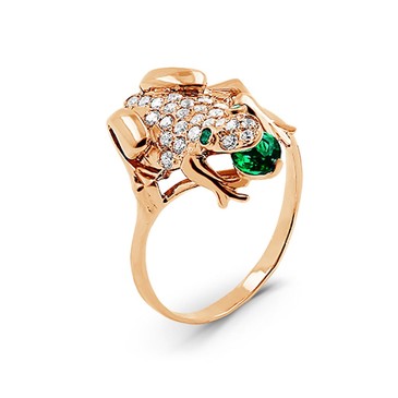 Кольцо из золочёного серебра с зеленым кварцем и фианитами - Лягушка Tivoli