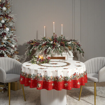 Скатерть круглая Морозко. Снегири 190 см (красный) Santalino