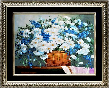 Картина вышитая шелком Корзина с полевыми цветами (ручная работа), 72х58х3 Живой Шелк