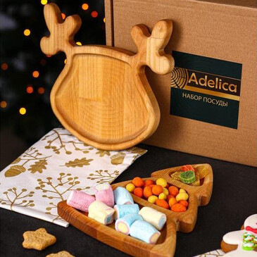 Подарочный набор посуды Новогодний олень (менажница ёлка, тарелка) Adelica
