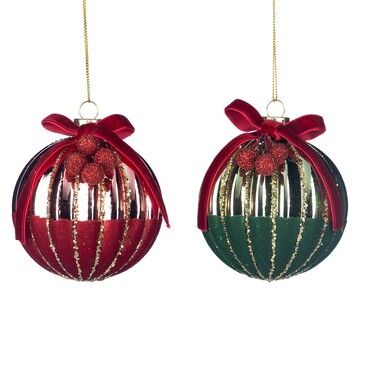 Набор новогодних украшений Шары с бантиком, красный и зеленый (2 шт. по 8 см) Goodwill M&G