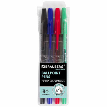 Ручки шариковые 4 шт., ассорти, black jack, 0,7мм, 0,35мм Brauberg