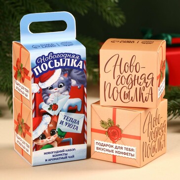 Набор (чай 50 г и конфеты 100 г) в двойной коробке Новогодняя посылка Фабрика счастья