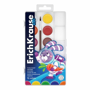 Краски акварельные Kids Space Animals медовые с УФ защитой яркости 12 цветов с палитрой и кистью ErichKrause