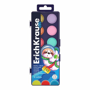Краски акварельные Kids Space Animals Neon+Pastel медовые с УФ защитой яркости 12 цветов ErichKrause