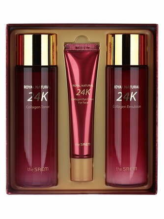 Набор уходовый антивозрастной royal natural 24k collagen skin care 2 set (тонер, эмульсия, крем для глаз), (150 мл*2+40 мл) The Saem