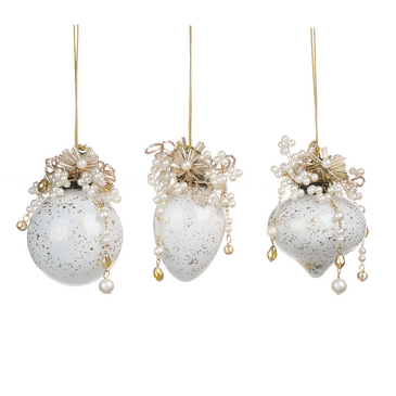 Набор новогодних украшений Шарики стеклянные с верхушкой из бусин белые с золотом (3 шт. по 9 см) Goodwill M&G