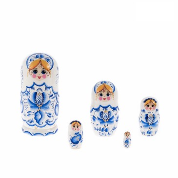 Матрешка Гжель белая (5 кукол) Русские Деревянные Игрушки