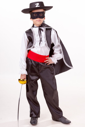 Костюм карнавальный Зорро (рубаха с жилетом, плащ, брюки, маска + шляпа, рапира) Пуговка