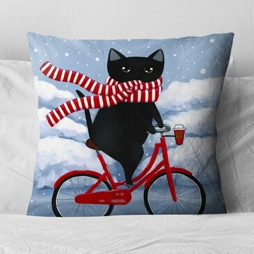 Наволочка декоративная Кот Дымок на велосипеде по зимнему лесу 40х40 см Zaberite