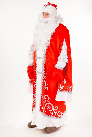 Костюм карнавальный Дед Мороз Премиум (шуба, шапка, парик, борода, мешок, варежки)  Пуговка