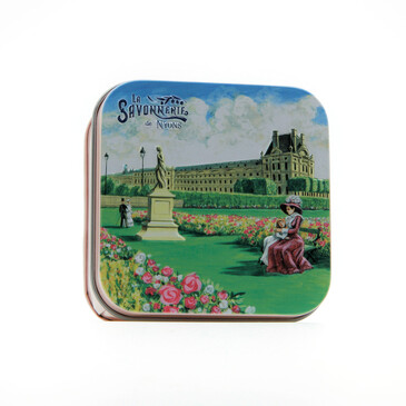 Мыло с цветком хлопка в металлической коробке. Сады Лувра, La Savonnerie de Nyons