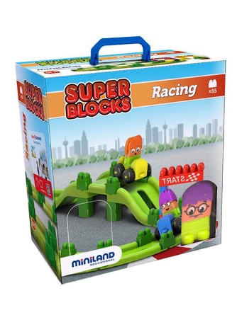 Конструктор блочный. Гонка Super Blocks Racing (70 дет.), в чемоданчике Miniland