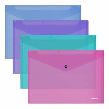 Папка-конверт на кнопке пластиковая Glossy Vivid, A4, полупрозрачный, ассорти (24 шт.) ErichKrause