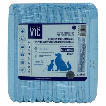 Пеленки впитывающие для животных 60х40 (14 шт.) с суперабсорбентом пятислойные  мл Doctor VIC