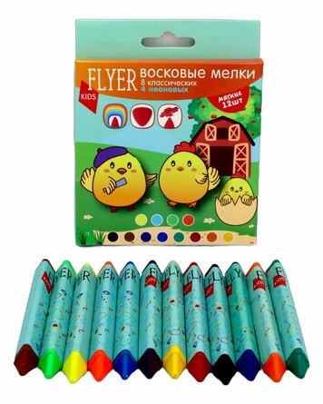 Мелки восковые утолщенные, 12 цветов (8 классических и 4 неон), дизайн курочки Flyer