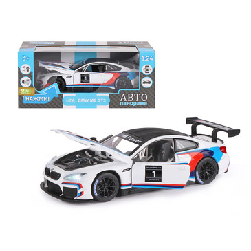 Машинка металлическая, 1:24, BMW M6 GT3, открываются передние двери и капот. Свободный ход колес. Св
