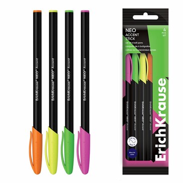 Набор из 4 ручек шариковых Neo Stick Accent 0.7, Super Glide Technology, цвет чернил синий ErichKrause