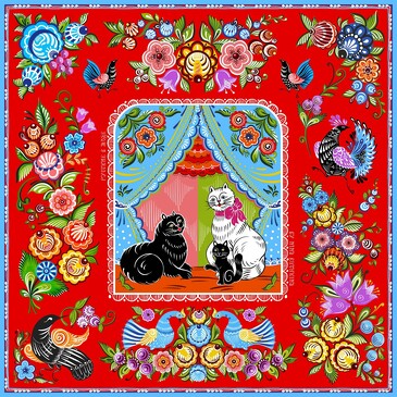 Платок Городецкая роспись, 90x90, Nina Ruchkina
