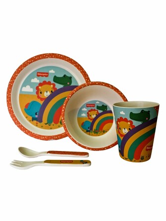 Набор посуды из бамбука Веселые зверята (тарелка глубокая, тарелка плоская двухсекционная, стакан, вилка, ложка) Fisher Price