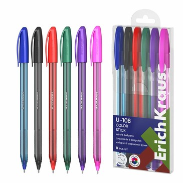 Набор из 6 ручек шариковых U-108 Stick Color 1.0, Ultra Glide Technology, цвет чернил ассорти ErichKrause