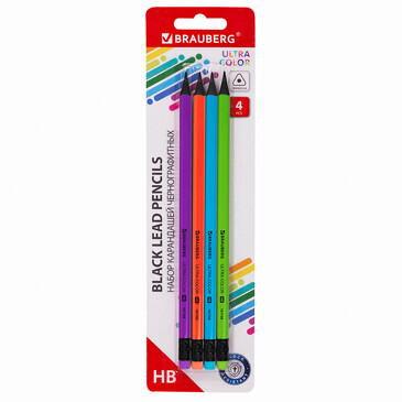 Набор карандашей чернографитных ultra color 4 шт., hb, с ластиком, пластиковые Brauberg