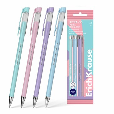 Набор из 4 ручек шариковых ULTRA-30 Stick&Grip Pastel 0.7, Super Glide Technology, цвет чернил синий ErichKrause