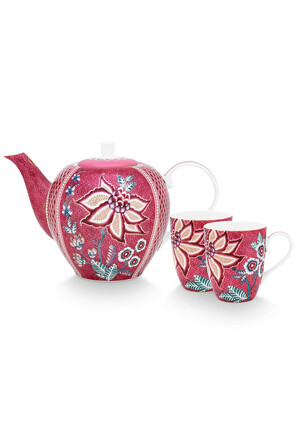 Набор из 3-х предметов для чаепития Flower Festival Dark Pink: чайник 1,6 л, 2 кружки 350 мл Pip Studio