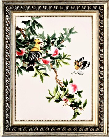 Вышитая картина Птички на персиковом дереве (ручная работа), 55х65х3 Живой Шелк
