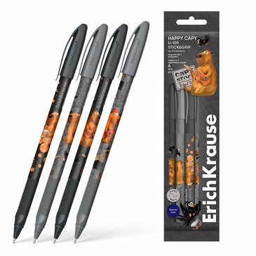 Набор из 4 ручек шариковых U-109 Stick&Grip Happy Capy 1.0, Ultra Glide Technology, цвет чернил синий ErichKrause