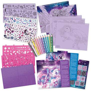Раскраска для девочек (35 скетч страниц, 12 карандашей, трафареты, наклейки), Space, Nebulous Stars