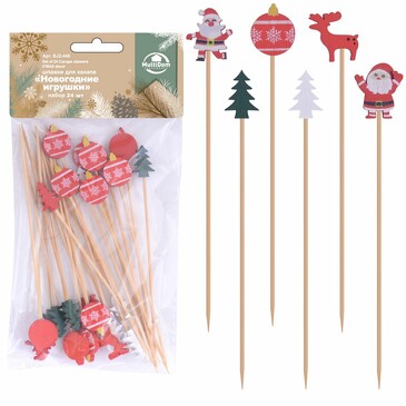 Шпажки для канапе Новогодние игрушки (24 шт по 12 см) Мультидом