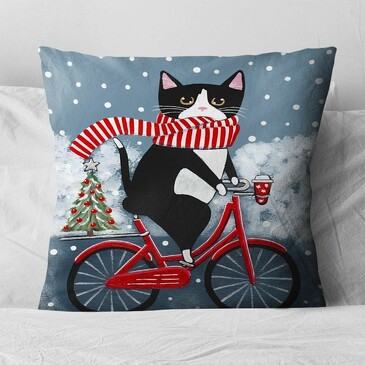 Подушка декоративная Кот Коржик красный шарфик везет новогоднюю елку 40х40 см Zaberite