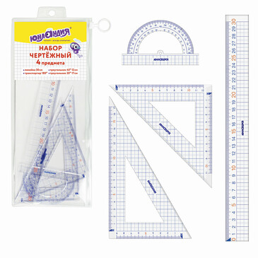 Набор чертежный большой школьный (линейка 30 см, 2 угольника, транспортир), пенал Юнландия